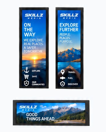 Shelf screen shown forward facing, rear facing and shelf mounted in landscape